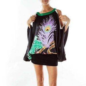 Voom by Joy Han Black Multicolor Peacock Print Dress